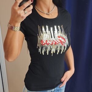 Guess Black T-Shirt with Gold and Red Accents